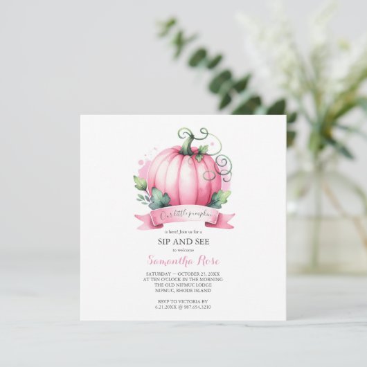 Autumn Baby Shower Little Pumpkin Sip und See Einladung (Stehend Vorderseite)