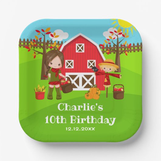 Autumn Barnyard Birthday Brown Hair Girl Pappteller (Vorderseite)