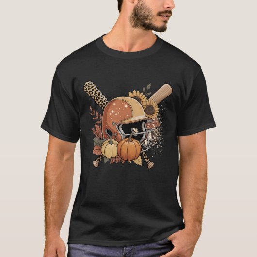 Autumn Baseball – Leopard Print Helmet Sunflowers T-Shirt (Vorderseite)
