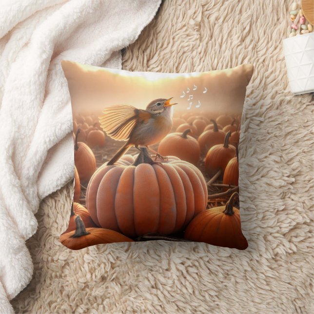 Autumn Bird auf einem Pumpkin singen Kissen (Decke)