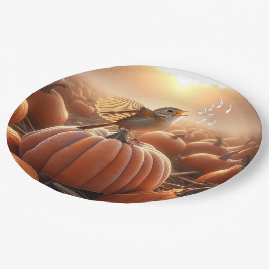 Autumn Bird auf einem Pumpkin singen Pappteller (Schrägansicht)