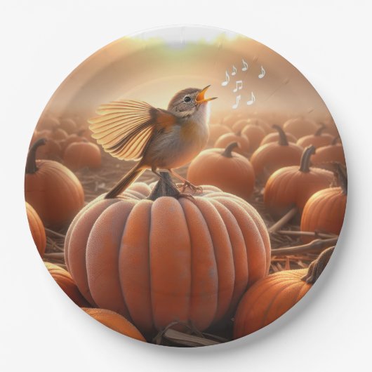 Autumn Bird auf einem Pumpkin singen Pappteller (Vorderseite)