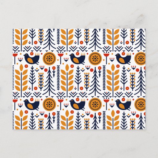 Autumn Bird Folk Art Muster Feiertagspostkarte (Vorderseite)