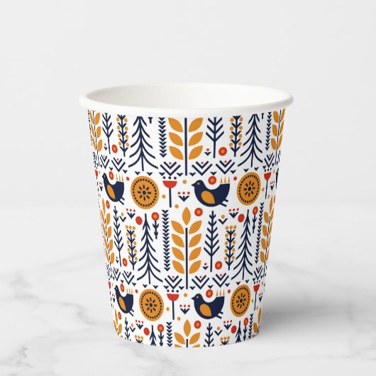 Autumn Bird Folk Art Muster Pappbecher (Vorderseite)