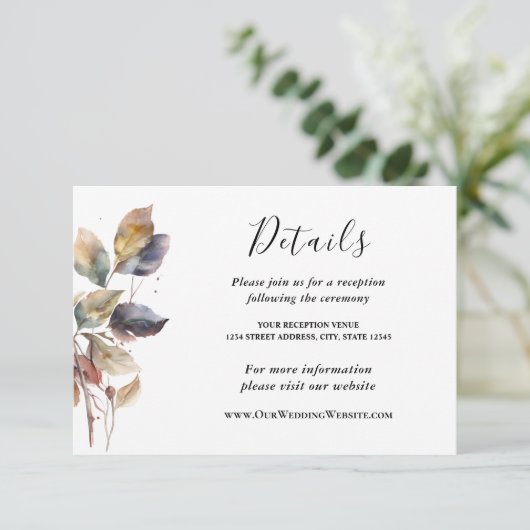 Autumn Blue Gold Red Leaves Watercolor Wedding Begleitkarte (Stehend Vorderseite)