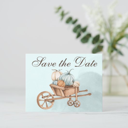 Autumn Blue Pumpkin Wheelbarrow Save the Date Postkarte (Stehend Vorderseite)
