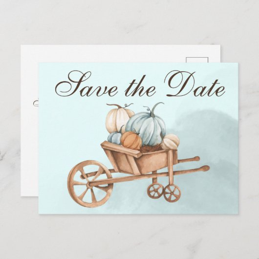 Autumn Blue Pumpkin Wheelbarrow Save the Date Postkarte (Vorne/Hinten)