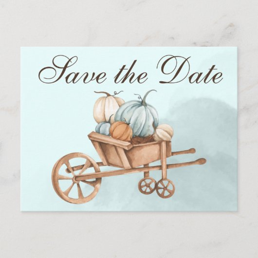 Autumn Blue Pumpkin Wheelbarrow Save the Date Postkarte (Vorderseite)
