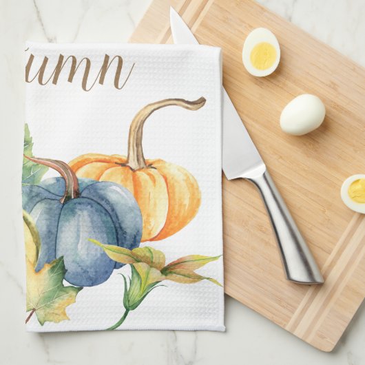 Autumn Blue White Green Orange Pumpkin Watercolor Geschirrtuch (Viertel Falte)
