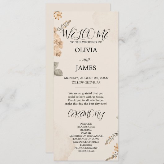 Autumn Boho Blooms | Moderne Hochzeitsprogramme Menükarte (Vorne/Hinten)