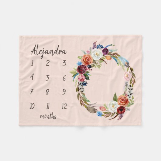 Autumn Boho Blooms Monogram Baby Milestone Foto Fleecedecke (Vorderseite (Horizontal))