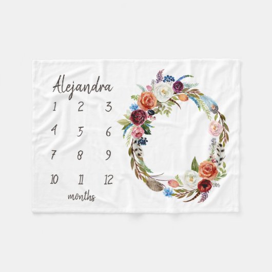 Autumn Boho Blooms Monogram Baby Milestone Foto Fleecedecke (Vorderseite (Horizontal))