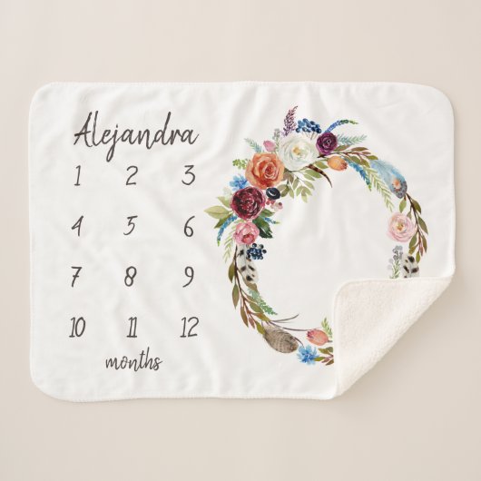 Autumn Boho Blooms Monogram Baby Milestone Foto Sherpadecke (Vorderseite (Horizontal))
