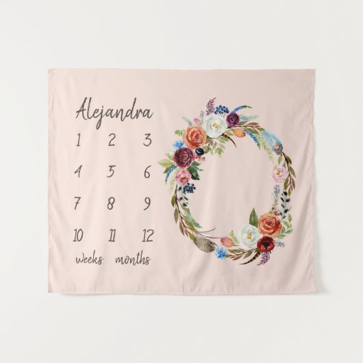 Autumn Boho Blooms Monogram Baby Milestone Foto Wandteppich (Vorderseite (Horizontal))