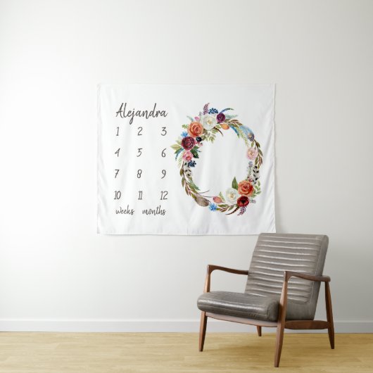 Autumn Boho Blooms Monogram Baby Milestone Foto Wandteppich (Beispiel (Horizontal))