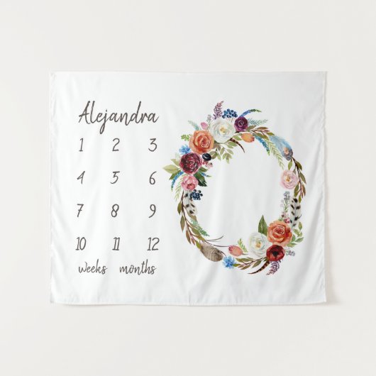 Autumn Boho Blooms Monogram Baby Milestone Foto Wandteppich (Vorderseite (Horizontal))