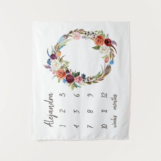 Autumn Boho Blooms Monogram Baby Milestone Foto Wandteppich (Vorderseite)