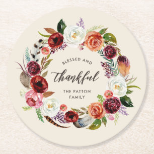 Autumn Boho Blooms Personalisierter Erntedank Runder Pappuntersetzer