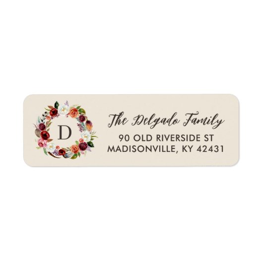 Autumn Boho Blooms Wreath Monogram-Rücksendeadress (Vorne)