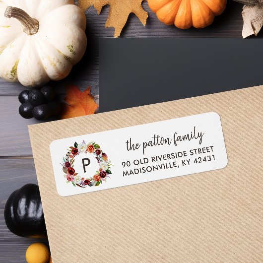 Autumn Boho Blooms Wreath Monogram-Rücksendeadress