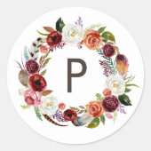 Autumn Boho Blooms Wreath Wedding Monogram Runder Aufkleber (Vorderseite)
