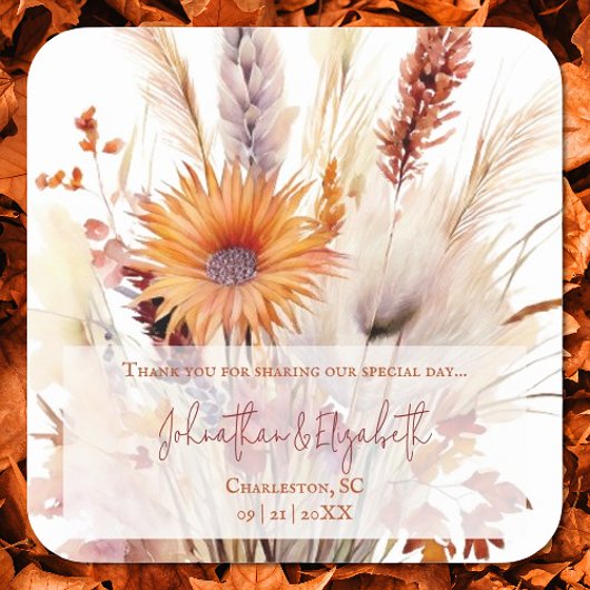 Autumn Boho Floral Gastgeschenk Hochzeit | Weiß Quadratischer Aufkleber