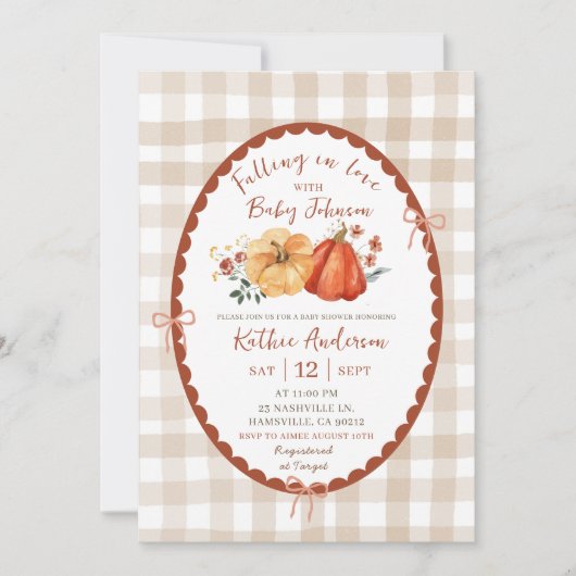 Autumn Boho Gingham Pumpkin Baby Shower Einladung (Vorderseite)