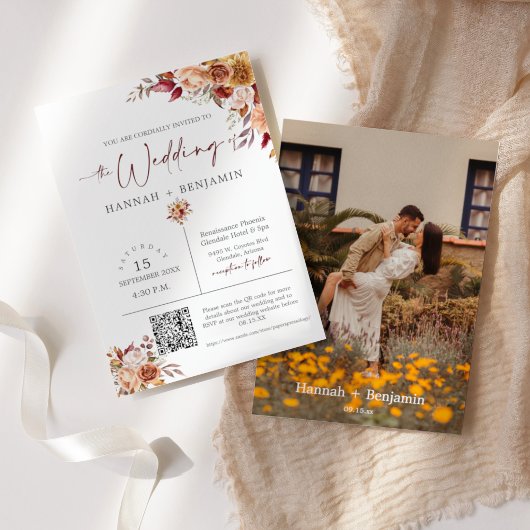 Autumn Boho Wedding Modern Minimal QR Code Foto Einladung