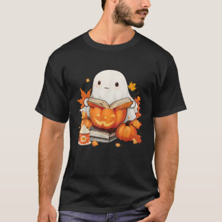 Autumn Bookish Boo Ghost Reading Book Pumpkin T-Shirt