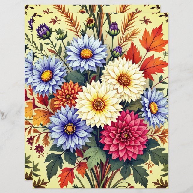 Autumn Bouquet Asters and Dahlias Scrapbook Paper (Vorne/Hinten)