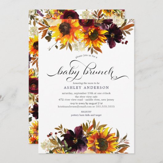 Autumn Bouquet Sunflowers Baby Brunch Einladung (Vorne/Hinten)