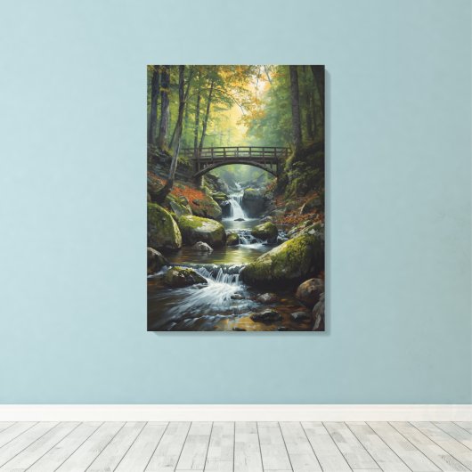 Autumn Bridge Waterfall Canvas Print Leinwanddruck (Insitu (Holzboden))