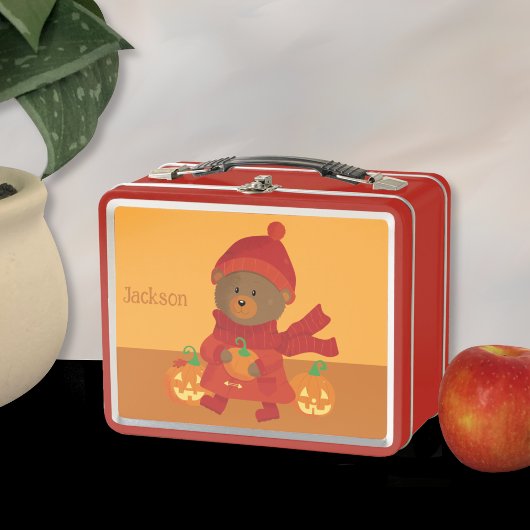 Autumn Brown Bar Kid Orange Metal Lunchbox
