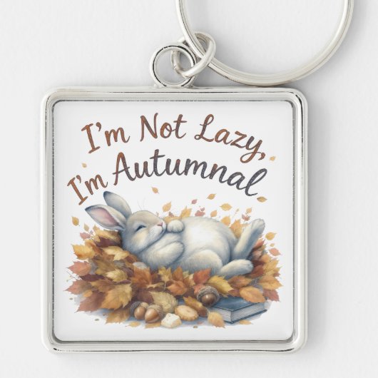 Autumn Bunny in Blätter mit Funny Lazy Zitat Schlüsselanhänger (Vorne)
