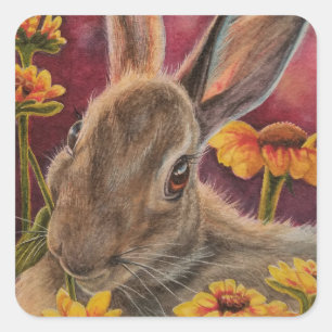 Autumn Bunny Rabbit Yellow Flowers Quadratischer Aufkleber