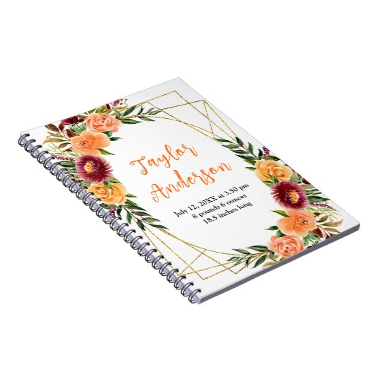Autumn Burgundy and Orange Floral Baby Birth Stats Notizblock (Rechte Seite)