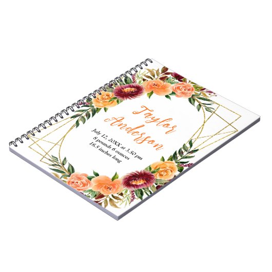 Autumn Burgundy and Orange Floral Baby Birth Stats Notizblock (Linke Seite)