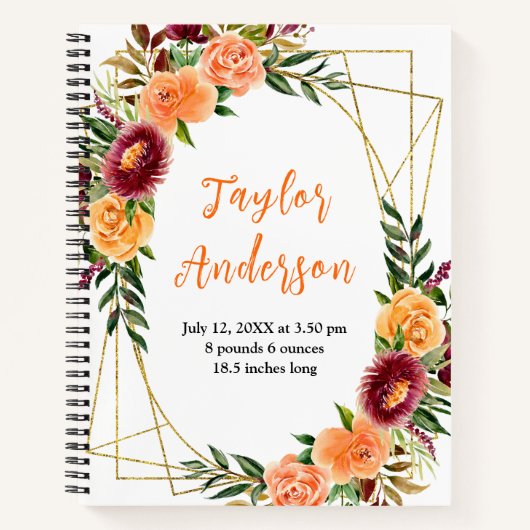 Autumn Burgundy and Orange Floral Baby Birth Stats Notizblock (Vorderseite)