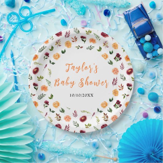 Autumn Burgundy and Orange Floral Baby Shower Pappteller (Party)