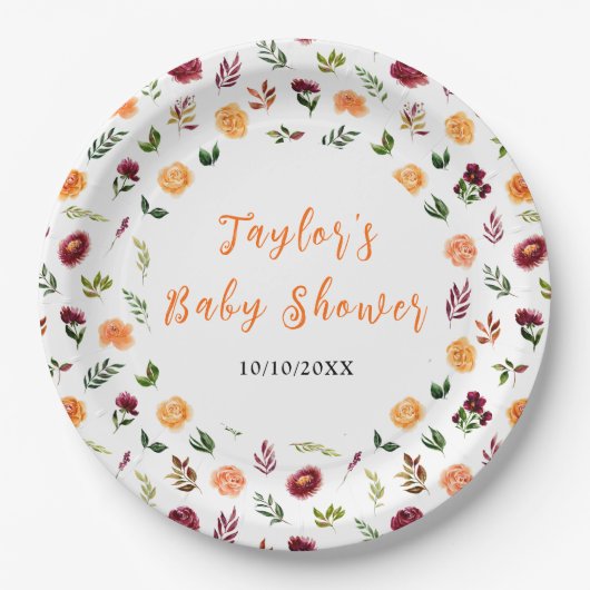 Autumn Burgundy and Orange Floral Baby Shower Pappteller (Vorderseite)