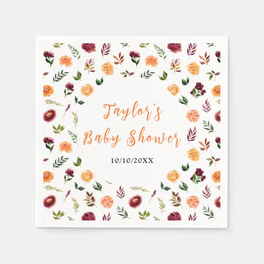 Autumn Burgundy and Orange Floral Baby Shower Serviette (Vorderseite)