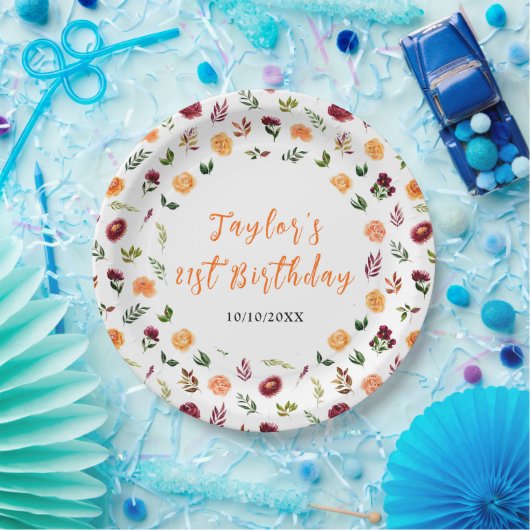 Autumn Burgundy and Orange Floral Birthday Pappteller (Party)