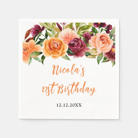 Autumn Burgundy and Orange Floral Birthday Serviette (Vorderseite)