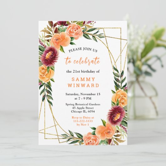 Autumn Burgundy and Orange Flowers Einladung (Stehend Vorderseite)