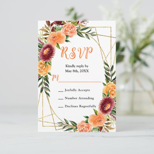 Autumn Burgundy and Orange Flowers RSVP Karte (Stehend Vorderseite)