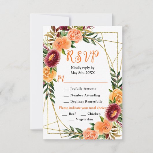 Autumn Burgundy and Orange Flowers RSVP Karte (Vorderseite)