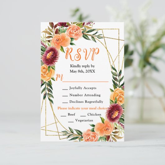 Autumn Burgundy and Orange Flowers RSVP Karte (Stehend Vorderseite)