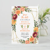 Autumn Burgundy and Orange Flowers Save The Date (Stehend Vorderseite)