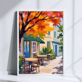 Autumn Cafe Watercolor Fall Foliage Art Poster