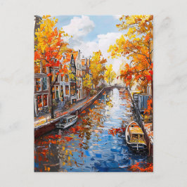 Autumn Canal with Boats and Colorful Houses Painti Postkarte